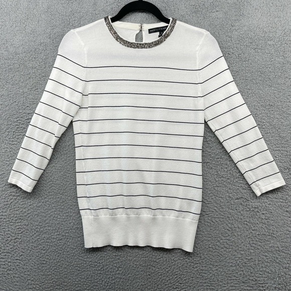 White House Black Market Tops - White House Black Market Women Blouse White Striped Beaded Long Sleeve Size XS